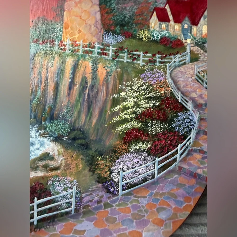 Vintage Sunset Lighthouse Wall Art - Pink, Red, Green Wooden Village Scenery